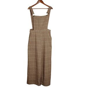 NEW Cider Plaid Tweed Houndstooth Overalls Brown Tan Wide Leg L Academia Preppy